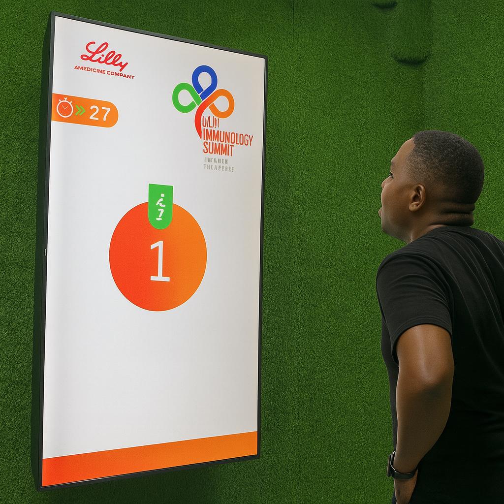 Participants enjoying the Squat Game Challenge at a corporate event in Dubai, engaging in fitness and team-building through real-time interactive squat tracking.